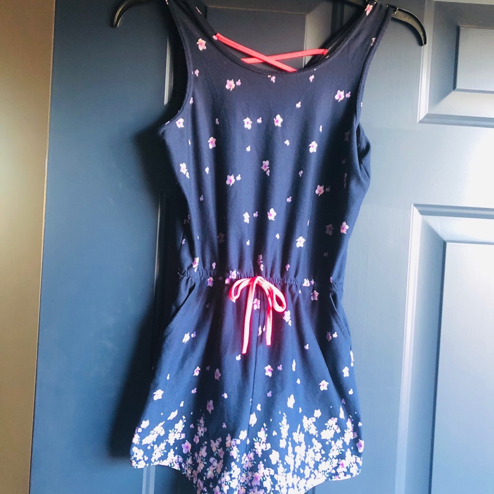 Adorable girls flowered, navy tank romper